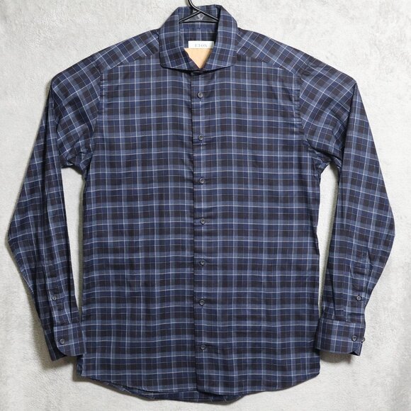 Eton Shirt Mens Large 16 41 Blue Black Plaid Slim Fit Button Front Long Sleeve - Picture 1 of 10
